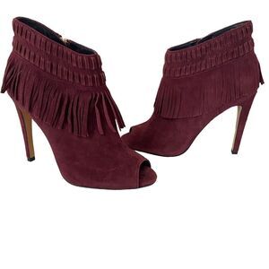 REBECCA MINKOFF Rio Suede Fringe Open toe Booties